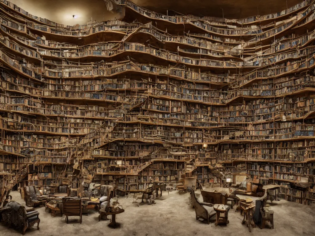 Prompt: inside a cozy post apocalyptic library