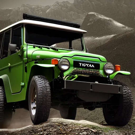 Image similar to closeup of a green Toyota Fj43 build in 1981, traveling through the mountains, black roof, with a roof rack, detailed, in the style of Leonardo da Vinci, 8K, octane render, 8K,