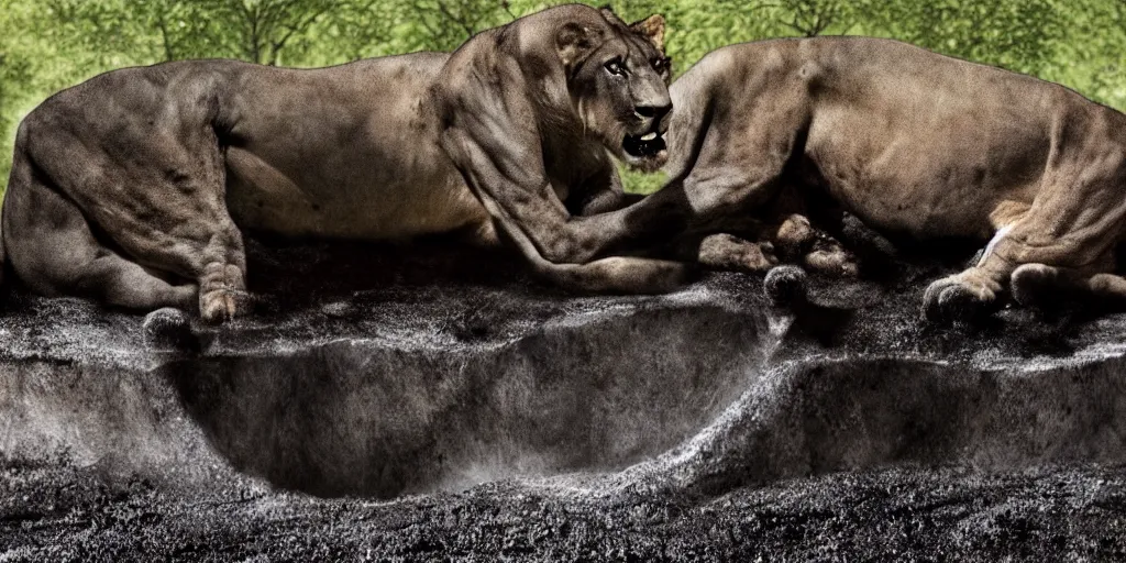 Image similar to a black lioness made of ferrofluid bathing inside the tar pit full of tar, covered with tar. dslr, photography, realism, animal photography, color, savanna, award winning wildlife photography