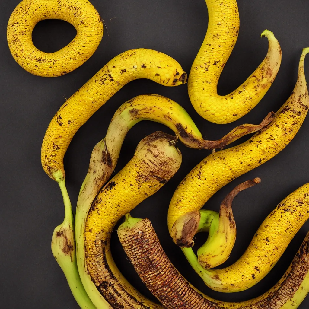 Image similar to snake banana in the shape of colorful corncob, closeup, hyper real, food photography, high quality