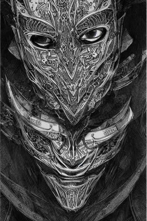 Image similar to portrait of a person wearing a really cool mask, colorpen and ink, neon, intricate line drawings, by craig mullins, ruan jia, kentaro miura, greg rutkowski