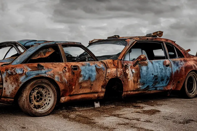 Prompt: Brian O'Connor in Mad Max Road Warrior, driving a rusted!, beat up Nissan ((R34 GTR)), XF IQ4, 150MP, 50mm, F1.4, ISO 200, 1/160s, natural light, Adobe Photoshop, Adobe Lightroom, photolab, Affinity Photo, PhotoDirector 365