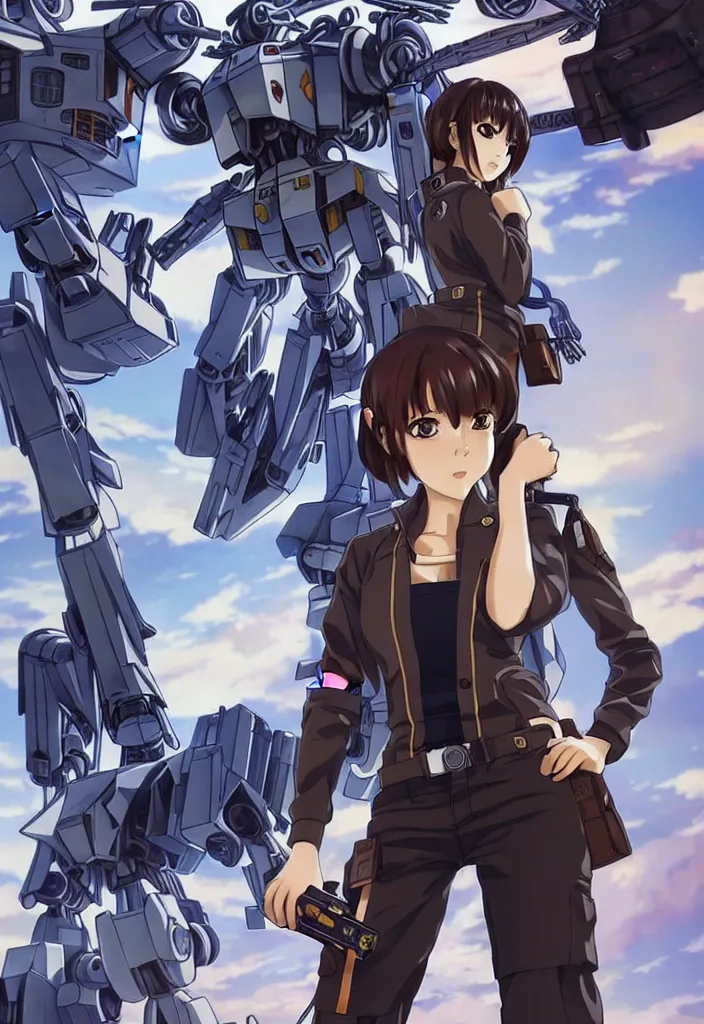 Image similar to beautiful full body portrait of one anime female with short hair, wearing mechanic clothing, in a mech repair facility standing in front of a gigantic gundam style mech, drinking soda, D&D, fantasy, intricate, elegant, highly detailed, digital painting, artstation, concept art, smooth, sharp focus, illustration, art by artgerm and KyuYong Eom and WLOP and Krenz Cushart and greg rutkowski and alphonse mucha