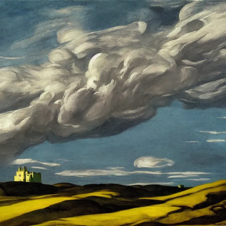 Image similar to dramatic landscape of donegal ireland after the storm, mammatus clouds and lenticular clouds, by edward hopper and giorgio de chirico