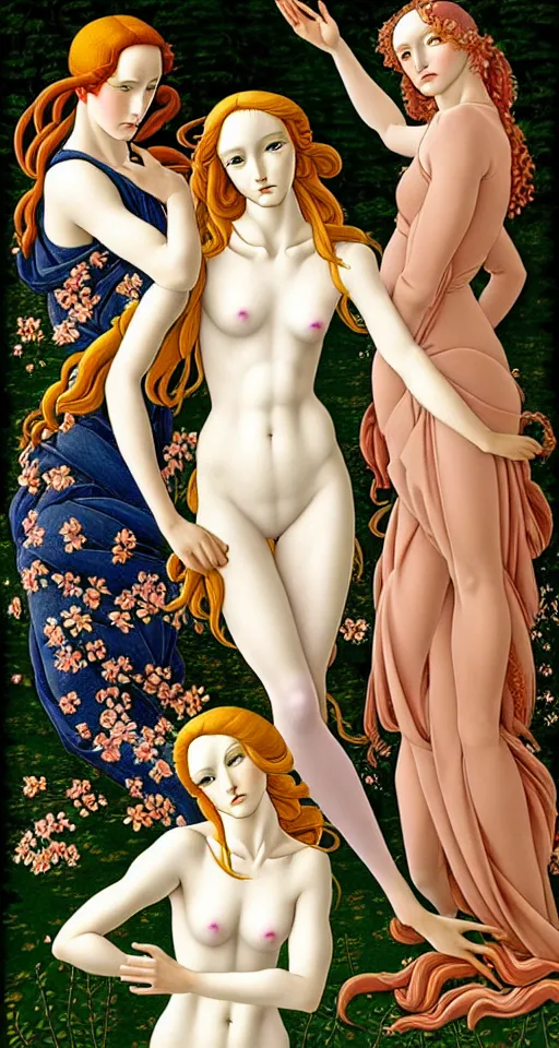 Prompt: 12 figures, representing the 4 seasons, (3 as Spring), (3 as Summer), (3 as Autumn) and (3 as Winter), in a mixed style of Botticelli and Æon Flux, inspired by pre-raphaelite paintings, shoujo manga, and Möbius, stunningly detailed, elaborate inking lines, pastel colors, 4K photorealistic