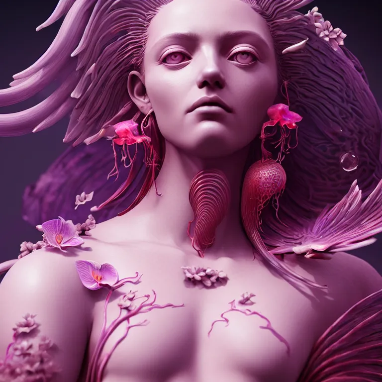 Image similar to goddess full painted acryllic sculpture close-up portrait. orchid bird phoenix jellyfish betta fish, intricate artwork by Tooth Wu and wlop and beeple. octane render, trending on artstation, greg rutkowski very coherent symmetrical artwork. cinematic, hyper realism, high detail, octane render, 8k