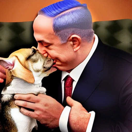 Image similar to benjamin netanyahu kissing a dog, photorealistic, detailed