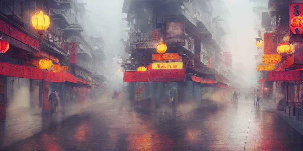 Image similar to petaling street chinatown, foggy rainy day, matte painting, studio ghibli, artstation