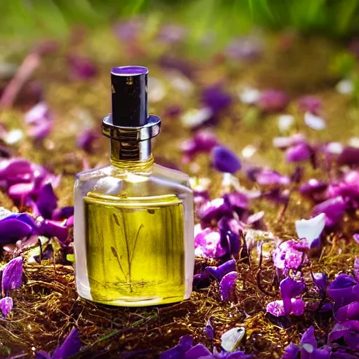 Image similar to perfume bottle in an enchanted flower patch, softly - lit, highly detailed, realistic, up close shot, f 2 0