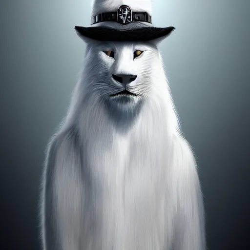 Image similar to portrait of a white panter with a very long fur and wizard hat, fantasy, trending on artstation, heroic pose, illustration, highly detailed, simple, 8k