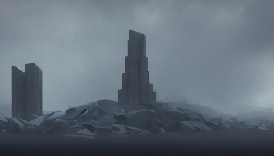 Image similar to brutalist dark omnius powerful tall tower in edge of artic mountains in the distance, volumetric light, storm, hyperdetailed, artstation, cgsociety, by denis villenueve 8 k