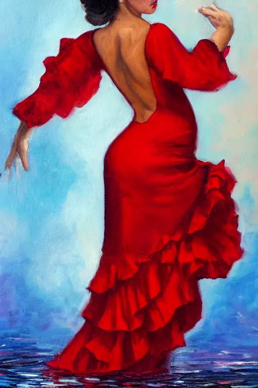 Image similar to detailed oil painting of spanish flamenco dancer standing in water, wearing a dress red dress that's floating, midnight, moon, dimly lit, looking away, dark shadows, ethereal, photo realistic, high definition, 4 k, slr