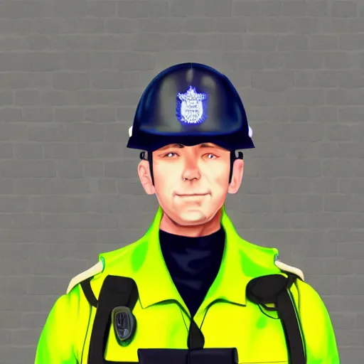 Image similar to A British police officer in London, wearing hivis and and a custodian helmet, anime art style, highly detailed, ambient lighting, trending on art station