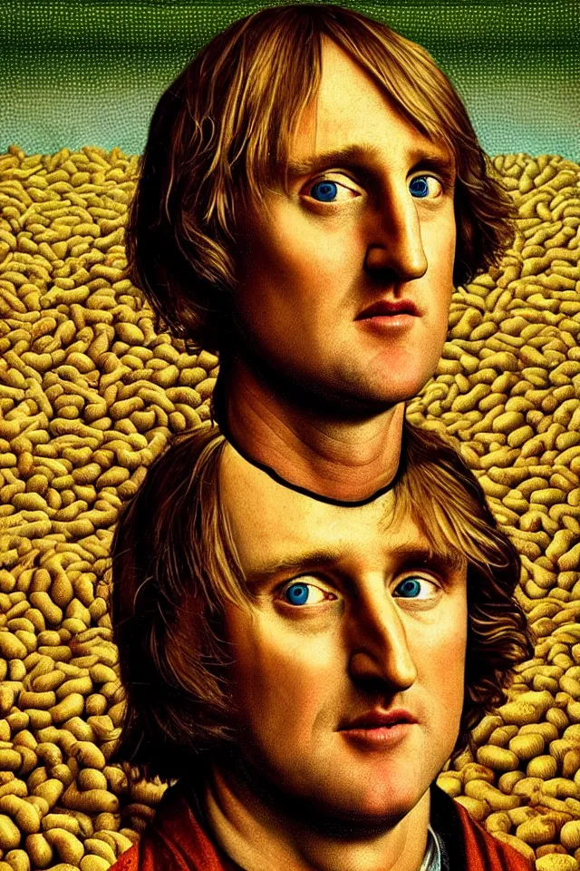 Image similar to bizarre renaissance portrait of owen wilson in a sea of thousands of highly detailed potatos, dramatic cinematic lighting, 8 k, beautiful intricate pop - art painting