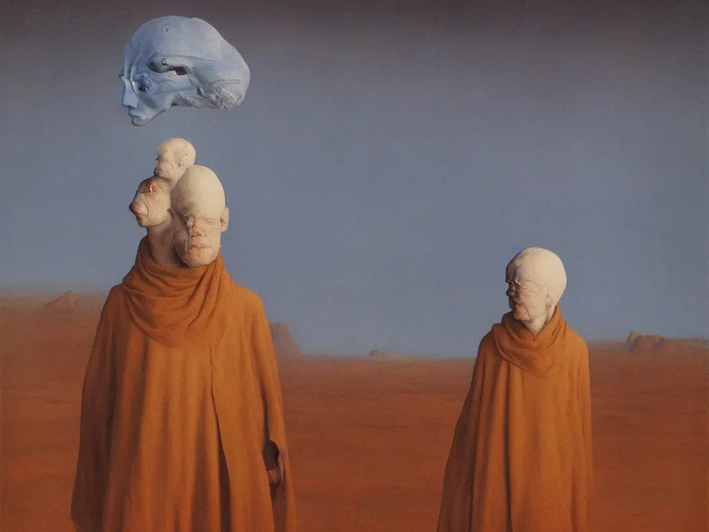 Prompt: Portrait of albino mystic with blue eyes, with the sacred glowing rock in the lithium salt desert. Painting by Jan van Eyck, Beksinski, Rene Magritte, Agnes Pelton, Max Ernst, Walton Ford