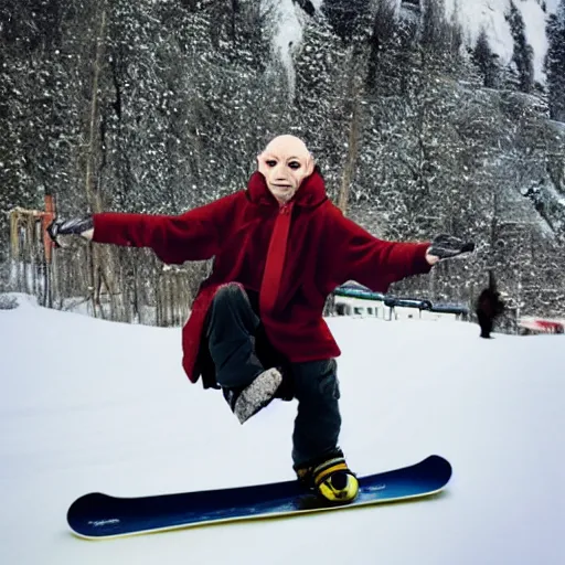 Image similar to Gollum on snowboard with cigarette in mouth