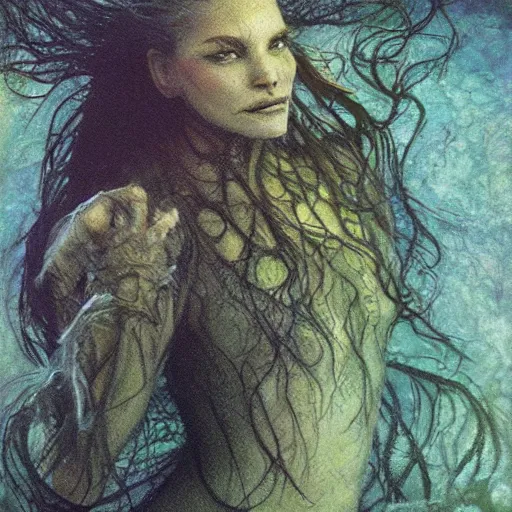 Image similar to smirking rusalka of the blighted swamp, aquiline features, black shimmering hair, by brian froud, cold secondary colors, oil on canvas