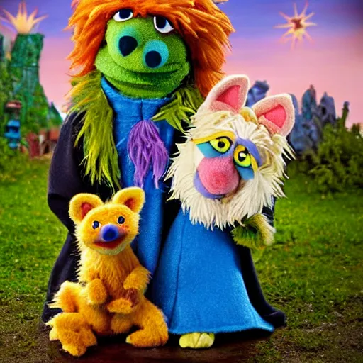 Image similar to a chibi foxfolk muppet druid wizard wearing a hooded cloak holding a small muppet animal with a small herd of random muppet animals following behind, sesame street, photograph, photography, ultrarealistic, national geographic