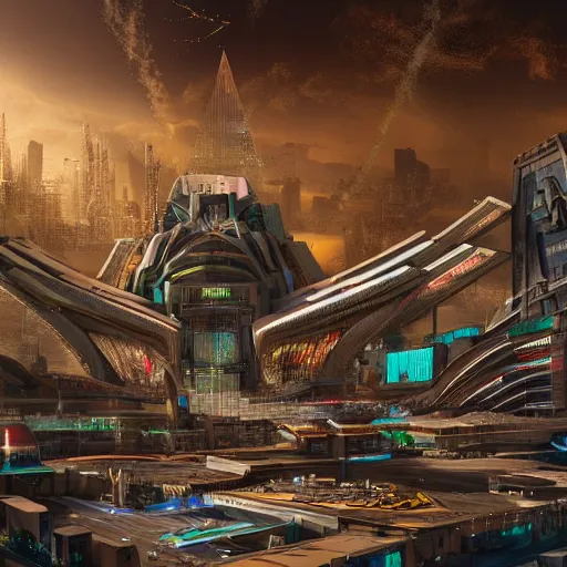 Prompt: a scene of the beautiful intricate epic futuristic pharaoh city with a cyber sphinx, a clearly hovering cyber pyramid, hyper detailed, cinematic lighting