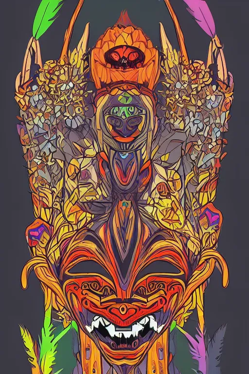 Image similar to animal mask totem roots flower tribal feather gemstone plant wood rock shaman vodoo video game vector cutout illustration vivid multicolor borderlands comics by josan gonzales and dan mumford radiating a glowing aura