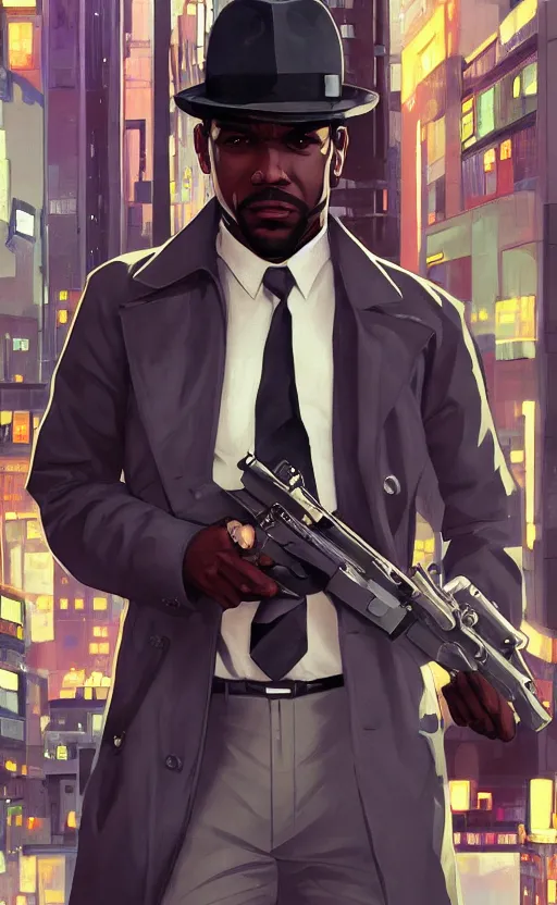Prompt: a handsome black detective wearing a gray fedora, suit, and trench coat, holdind a blaster, standing in a night futuristic city, film noir, highly detailed, digital painting, artstation, cinematic lighting, in style of ilya kuvshinov, wlop, alphonse mucha, yoji shinkawa, anime aesthetic