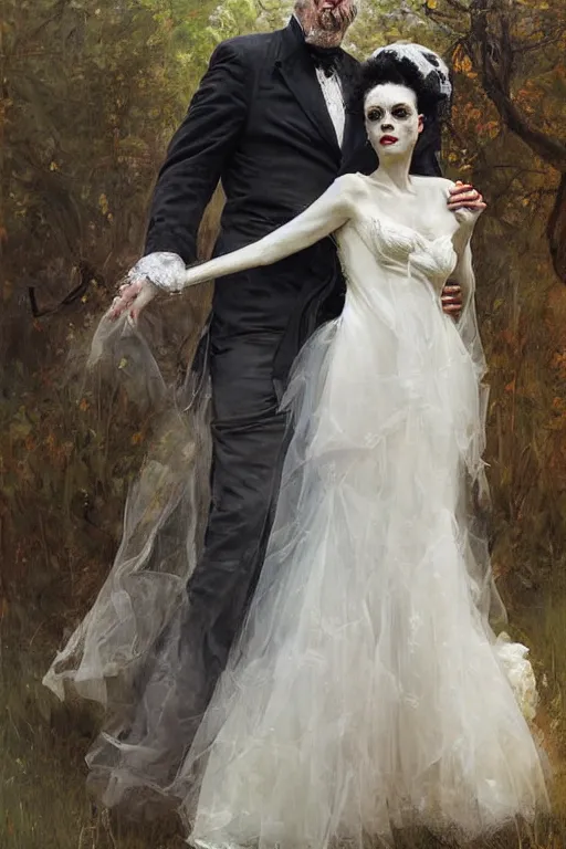 Prompt: Richard Schmid and Jeremy Lipking full length portrait painting of the Bride of Frankenstein