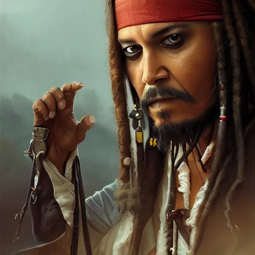 Prompt: A portrait of Obama as Captain Jack Sparrow, art by greg rutkowski, matte painting, trending on artstation, very detailed