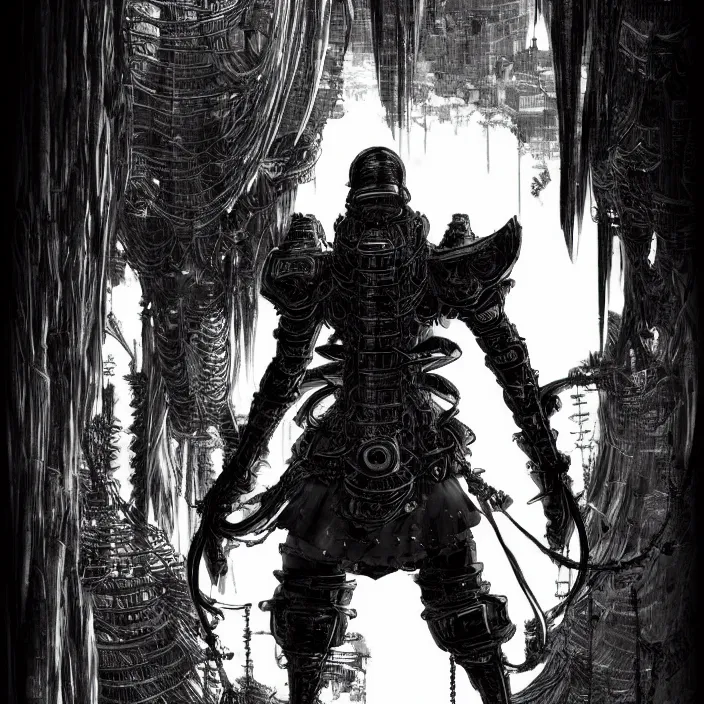 Prompt: a vertical portrait of a manga character in a scenic environment by nihei tsutomu, black and white, dreamy, steampunk armor, highly detailed, render