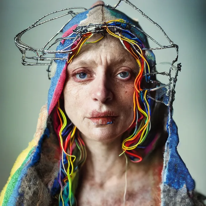 Prompt: closeup portrait of a woman with a hood made of wire and rainbows, standing in a haunted abandoned house, by Annie Leibovitz and Steve McCurry, natural light, detailed face, CANON Eos C300, ƒ1.8, 35mm, 8K, medium-format print