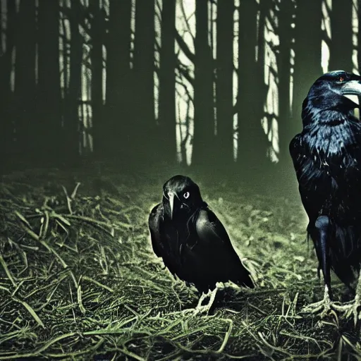 Image similar to werecreature consisting of a crow and a human, werecrow, photograph captured in a dark forest