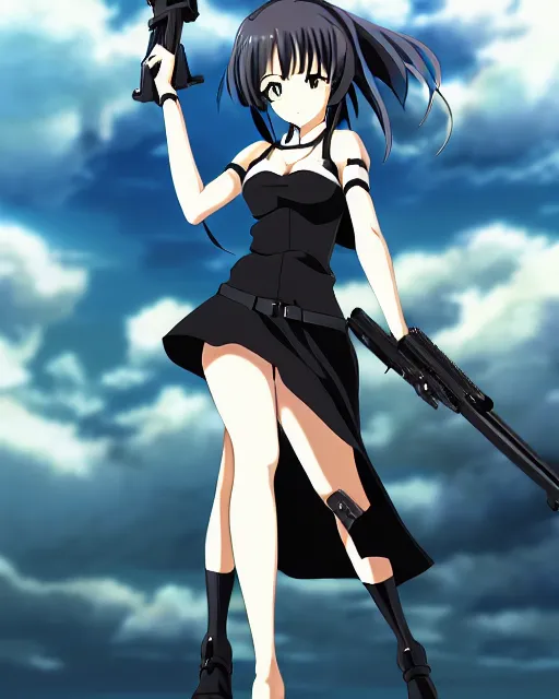 Image similar to female action anime girl, black dress, holding weapon with natural hands, symmetrical faces and eyes symmetrical body, middle shot waist up, airplane hanger background, Madhouse anime studios, Black Lagoon, Wit studio anime, 2D animation