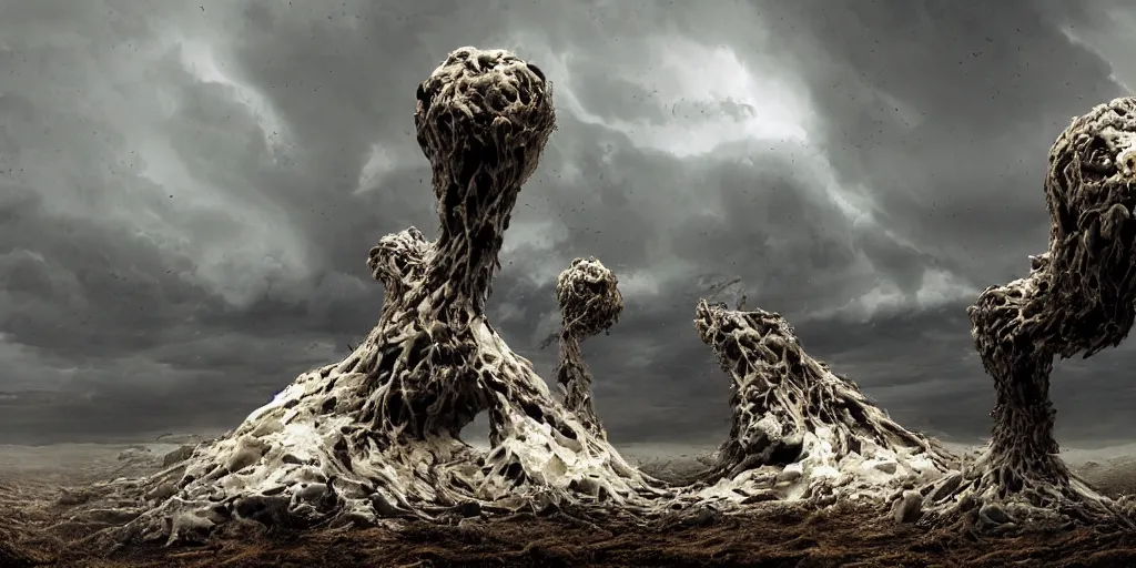 Prompt: photorealistic strange sculpture made of white bird skulls, by katrina van grouw and bruce mahalski. an epic landscape, with ominous storm clouds, a gentle rising mist. occult photorealism, uhd, amazing depth, glowing, golden ratio, 3 d octane cycle unreal engine 5, volumetric lighting, cinematic lighting, cgstation artstation concept art