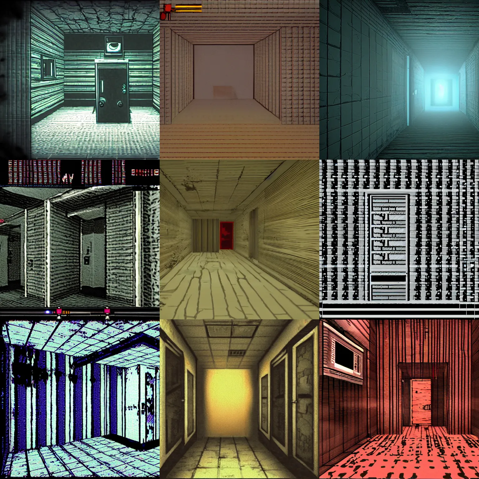 Prompt: unity horror game themed around vhs tapes, tape corridor, found footage, dithering, psx