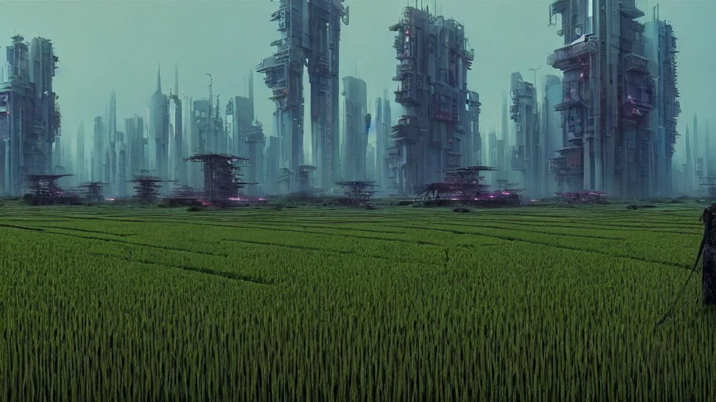 Image similar to a futuristic cyberpunk village from the year 2077 that’s on stilts above a rice field, film still from the movie directed by Denis Villeneuve with art direction by Zdzisław Beksiński, wide lens