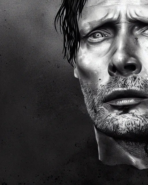 Image similar to mads mikkelson as clifford unger from death stranding wearing military fatigues, weeping tears of tar, mysterious portrait, cinematic lighting, black background, digital painting photoshop, ultra detailed hdr 8 k