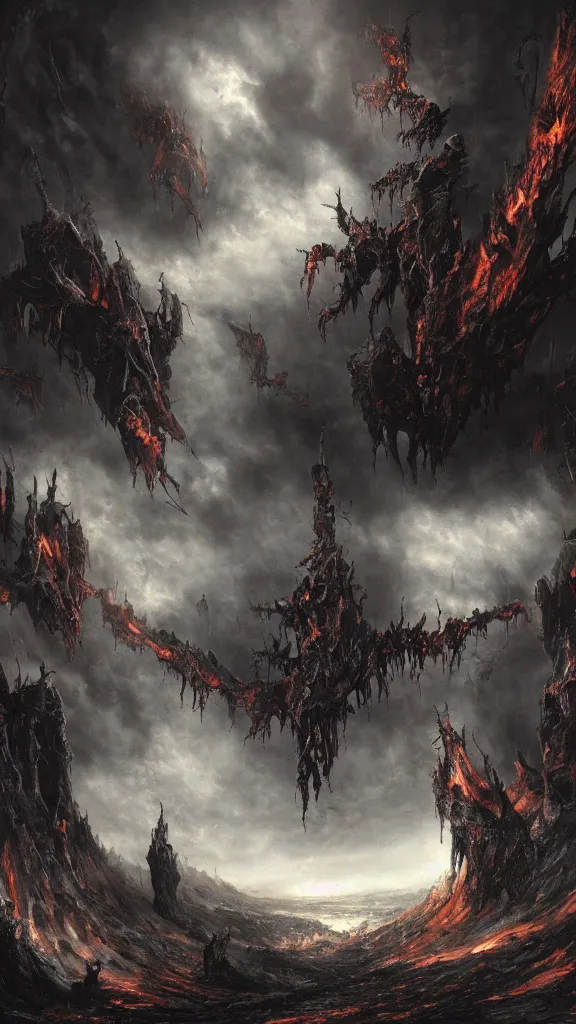 Prompt: the demonic souls of the damned emerging from cracks in the corrupted earth and flying up into the sky, extravagant matte painting, highly detailed oil painting, 8k, devastatingly harrowing atmosphere, elegant cinematic fantasy art, overwhelming depth and detail, magic, dark oppressive colors, intricate masterpiece