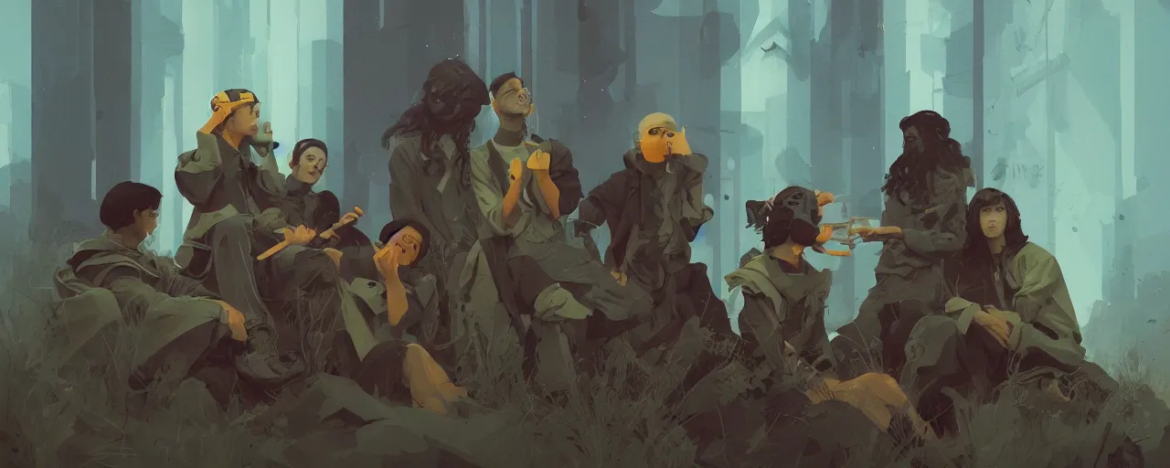 Image similar to duotone olive illustration 3 / 4 portrait of group of druids smoking joints composition accidental renaissance golden ratio. by sachin teng and sergey kolesov and ruan jia and heng z. graffiti art, scifi, fantasy, hyper detailed. octane render. concept art. trending on artstation