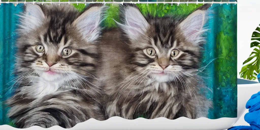 Image similar to shower curtain product catalog. on the curtain is a watercolor with ink under drawing of one maine coon kitten with a toy. wide - angle product photography, product lighting. 4 k, highly detailed. saturated.