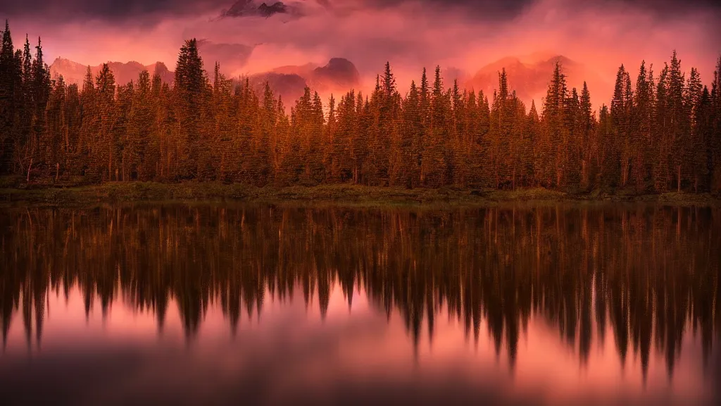 Image similar to amazing landscape photo of a forest with lake in sunset by marc adamus, beautiful dramatic lighting