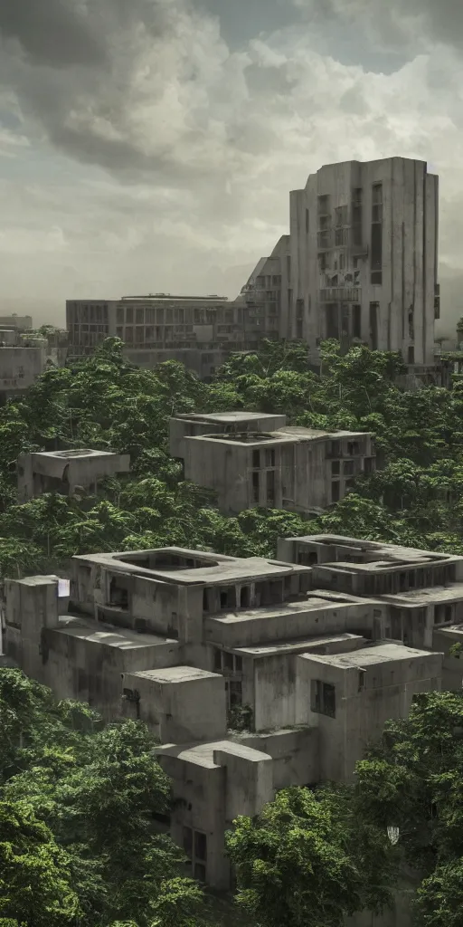 Image similar to brutalist architecture by Le Corbusier, high magnificent abandoned buildings, surrounded by lush green vegetation, stunning volumetric lighting, sunset, solid concrete, stunning skies, trending on Artstation, 8k, photorealistic, hyper detailed, unreal engine 5, IMAX quality, cinematic, epic lighting, in the style of DOOM and Quake and Greg Rutkowski