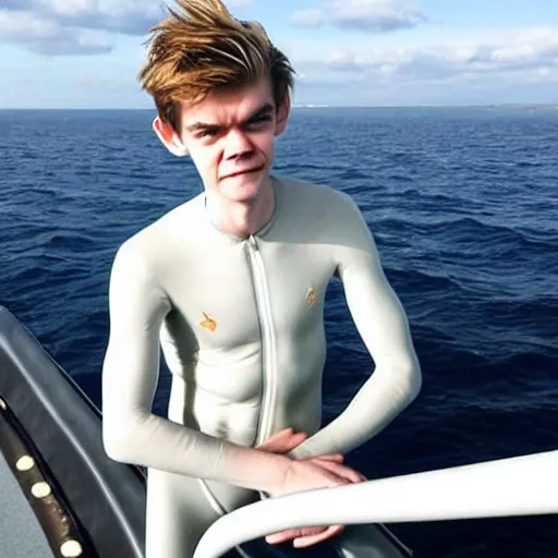 Prompt: Thomas Sangster wearing a lycra suit stepping out of a submarine overlooking the sea, handsome face, glittering sea, glamour shot, realistic face, photogenic