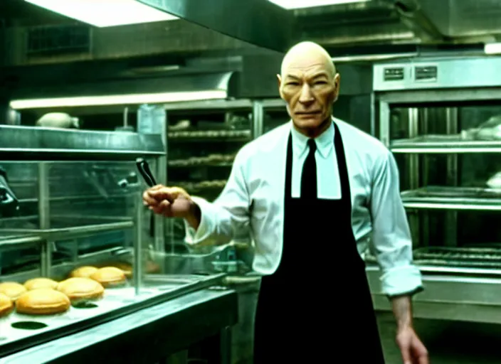 Prompt: film still of patrick stewart as agent smith working in a bakery in the new matrix movie, 4 k