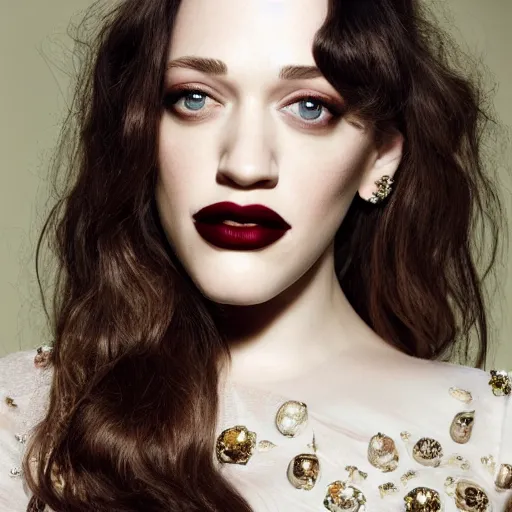 Image similar to close up of Kat Dennings face, large valentino dress in parisian luxury studio , official valentino editorial, highly detailed