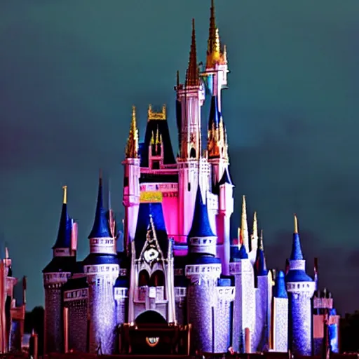 Prompt: cinderella castle at magic kingdom in the year 3035, travel blog photograph