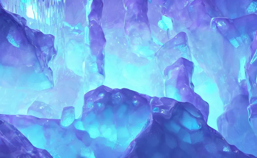 Prompt: poor kids drawing of an ice cavern matrix with purple goo tubing and ice crystals, octane render, ray - tracing, high contrast, detailed scene, subsurface - scattering, 4 k, high quality desktop wallpaper, trending on artstation