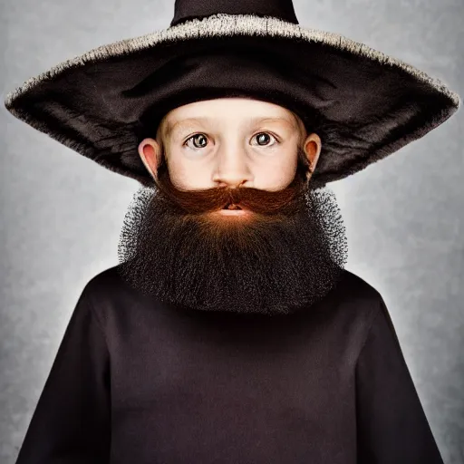 Prompt: photograph of a five year old boy wizard, beard, wizard hat by annie leibovitz, dark hair, deep eyes