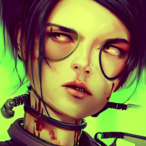 Prompt: headshot artwork of a cyberpunk woman wearing thick steel choker around neck, 4K, detailed face, collar on neck, realistic, artstation, neon,