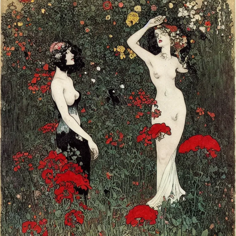 Image similar to Woman standing in a black dress, black and red lips and white hair, she is standing in a garden with flowers and birds Anton Pieck,Jean Delville, Amano,Yves Tanguy, Alphonse Mucha, Ernst Haeckel, Edward Robert Hughes,Stanisław Szukalski and Roger Dean