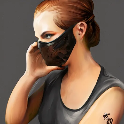 Image similar to tattoo of woman taking off mech mask from her face, concept art