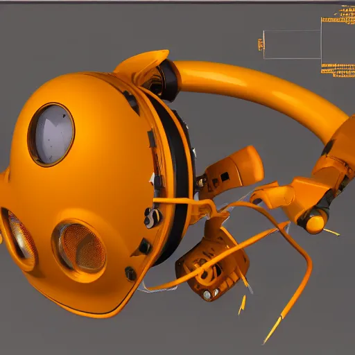 Image similar to photo of hyper detailed boxcutter hard surface modelling rear view of yellow orange and gold astronaut helmet, arstation, cables wires, heart symbols, unreal engine 5